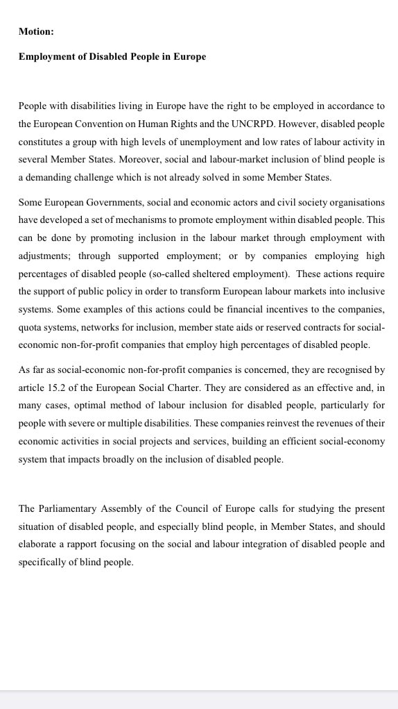 Todas las personas con discapacidad en Europa tienen el Derecho a tener un trabajo, y especialmente las personas ciegas. Moción presentada por la Delegación española en la Asamblea del Consejo de Europa <a href="/PACE_News/">PACE</a> <a href="/Senadoesp/">Senado de España</a> <a href="/Congreso_Es/">Congreso</a>