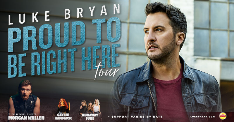 Image of Luke Bryan Text: Luke Bryan Proud To Be Right Here Tour With Special Guests: Morgan Wallen Caylee Hammack Runaway June *Support Varies By Date https://on.citi/37EVGh8	 

