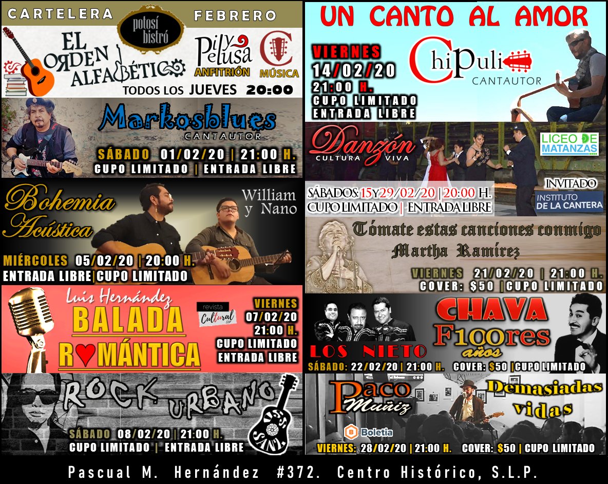 Mes del amor y la amistad 💖, con los mejores eventos para ti, acompañados de la mejor gastronomía potosina🍽, reserva con tiempo en tus eventos favoritos🎼. ¡Te esperamos!

CERVEZA COMERCIAL 2x1 EN TODOS LOS EVENTOS 🍻
CUPO LIMITADO

#potosibistro #cocinadeautor #comidapotosina