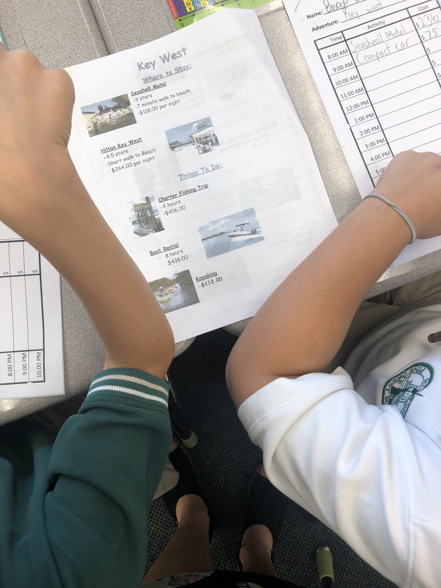 MeganWeissman's tweet photo. Ss got a budget and now they are planning a vacation in Florida! They are working with partners to plan the perfect trip and still have money leftover. Ss are LOVING this math project!!!@PineCrestSch #pc2nd #pclowerschool #oneofthebestthings https://t.co/QFg92JiFPD