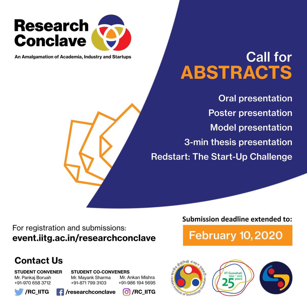 RIC_IITG's tweet photo. The deadline for abstract submission has been extended until February 10th. 
Hurry up and register to be a part of this academic extravaganza.
For registration visit - https://t.co/yyN0U6Gaa5
To know more visit -  https://t.co/O9IQ9tqLmv
@IITGuwahati #RC2020 https://t.co/sxtocVtJ6G