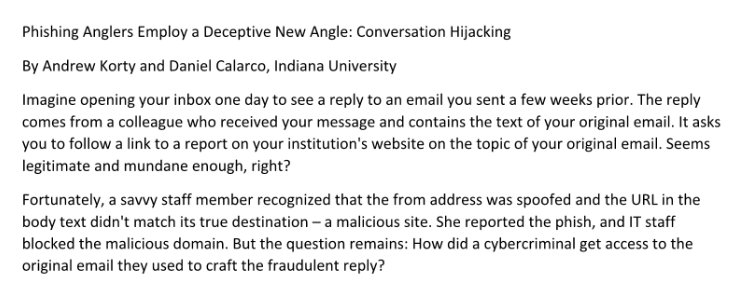 Screenshot of the summary Phishing Anglers Employ a Deceptive New Angle: Conversation Hijacking