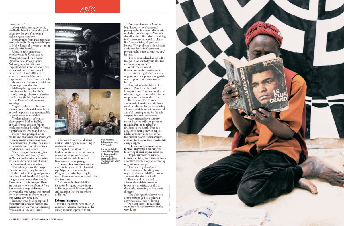 BamakoBiennale's tweet photo. FINAL WEEK:
@BamakoBiennale 2019 featured in @NewAfricanMag
Thanks @thomashcollins1
#StreamsofConsciousness #RencontresdeBamako https://t.co/hIQOAQfkac