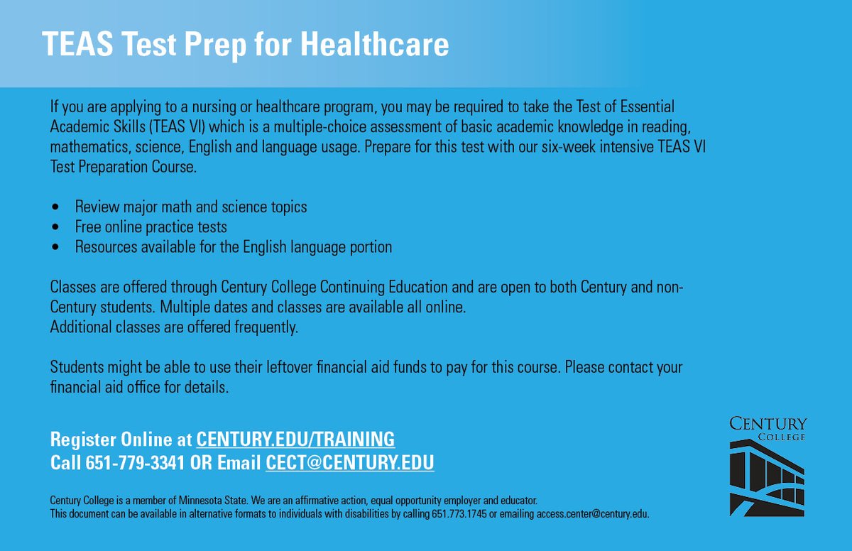 CenturyCECT's tweet photo. @CenturyCollege TEAS Test Prep for Healthcare is BACK!
Register Today!
https://t.co/RyL4znhOez
#CenturyCollege #TestPrep #NursingStudents #TEASPrep #HigherEducation #TestofEssentialAcademicSkills https://t.co/nBbHbd4zMT