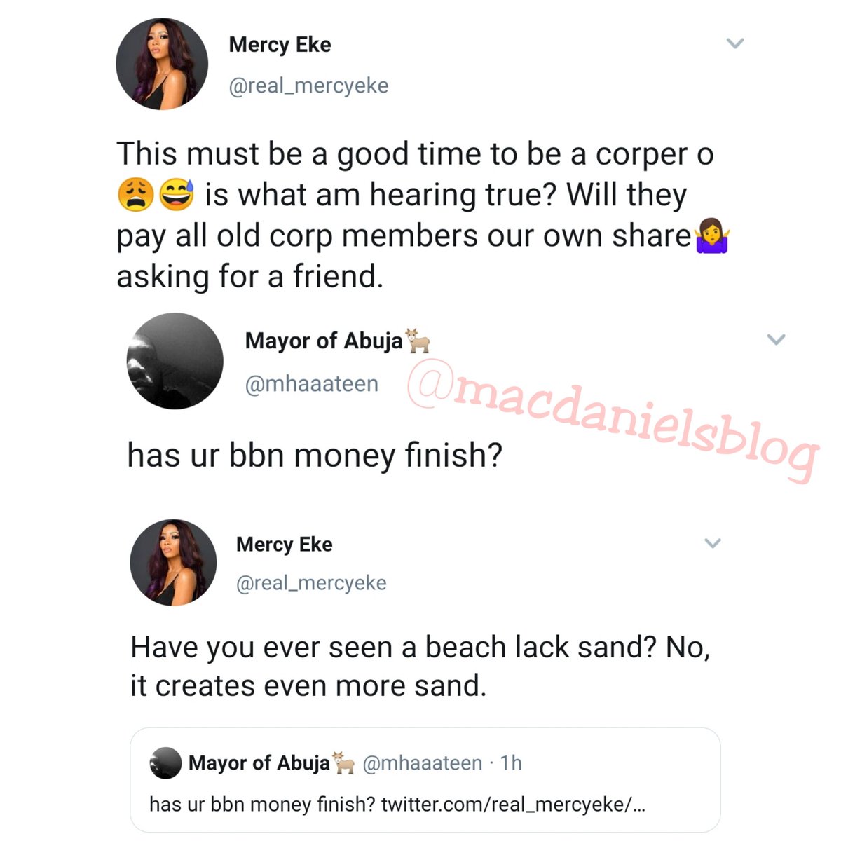 MacDanielsBlog's tweet photo. Ex BBNaija Housemate, Mercy, Drops One Of Her Village Adage' As She Educates One 'Unpopular Mayor Of Abuja' Who Inquired To Know What He's Not Supposed To Know

#macdanielsblog #Repost #MercyEkeYouTubeChannel #BBNaija #MercyEke #TachaXTizeti #Ghana #bitcoin https://t.co/hnTnXdP6sE