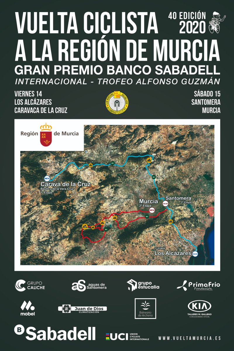 🚨 ETAPA 1 | #VueltaCiclistaMurcia2020 Gran Premio <a href="/BancoSabadell/">Banco Sabadell</a>

➡ 178 km

📌 Los Alcázares

⛰ (3ª) Alto Cabezo de la Plata (km 25)
MV: Fortuna (km 64)
⛰ (1ª) Alto La Garapacha (km 82)
MV: Cieza - Memorial Mariano Rojas (km 123)
⛰ (3ª) Alto Quípar (km 139)

🏁 Caravaca
