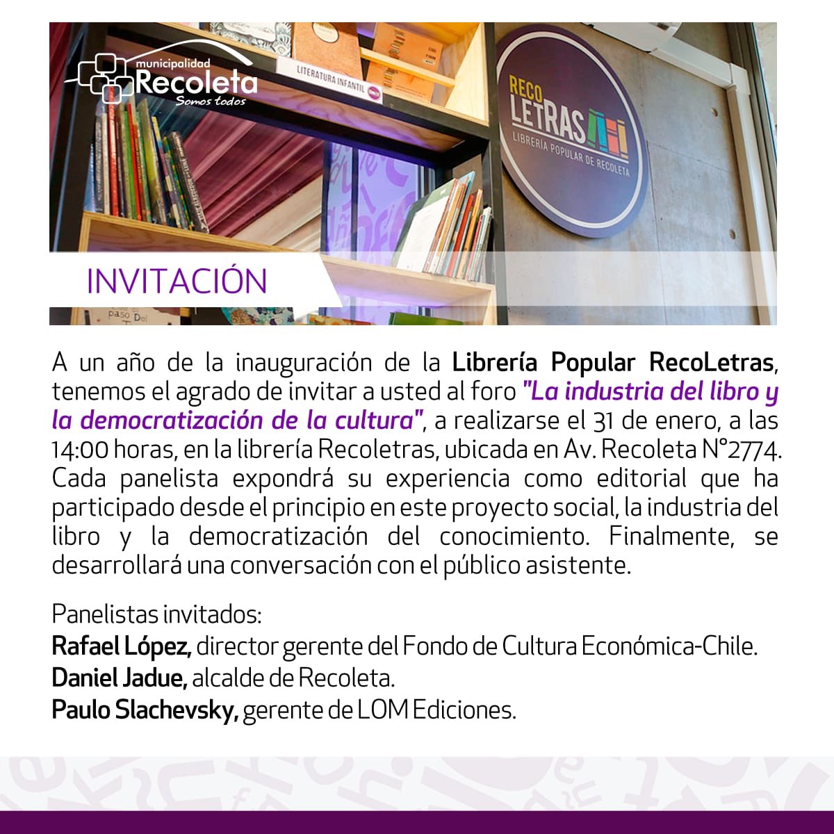danieljadue's tweet photo. Mañana viernes 31 de enero, celebramos primer aniversario de nuestra #LibreriaPopular @Recoletras con el foro “La industria del libro y la democratización de la cultura”. Nos vemos a las 14:00, a un costado de la librería en Av. Recoleta #2774. https://t.co/uNS3gFou0y