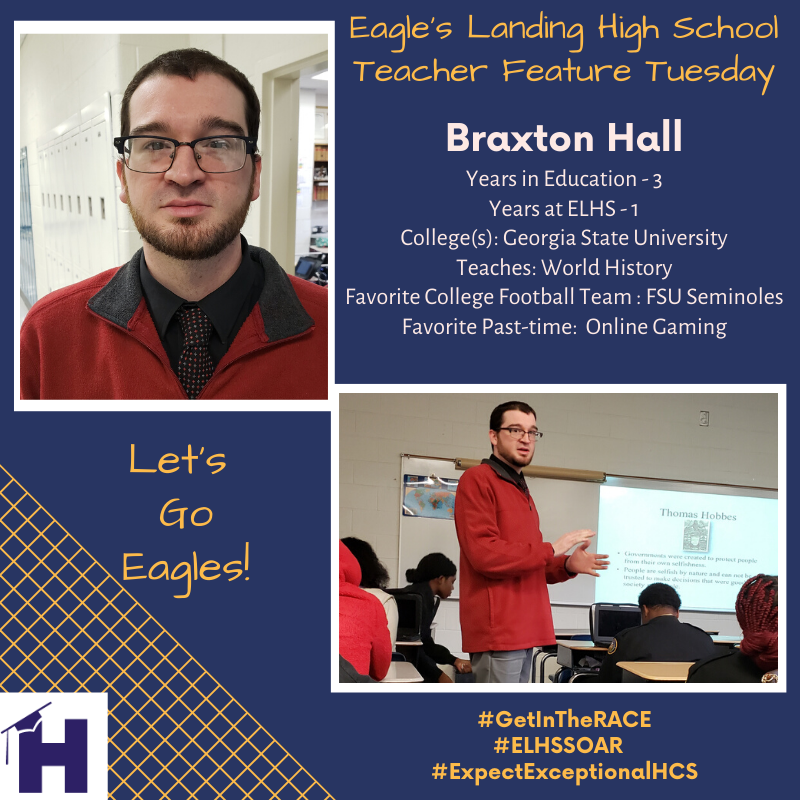 ELHS_HCS's tweet photo. Our newest Golden Eagle faculty member is a grad of @GeorgiaStateU. He teaches high energy lessons in World History. He's an online gamer & looks forward to gamifying history content for his Ss. Welcome, Mr. Hall! #ExpectConnections #GetInTheRACE #ELHSSOAR #ExpectExceptionalHCS https://t.co/hk6vksP9Bo