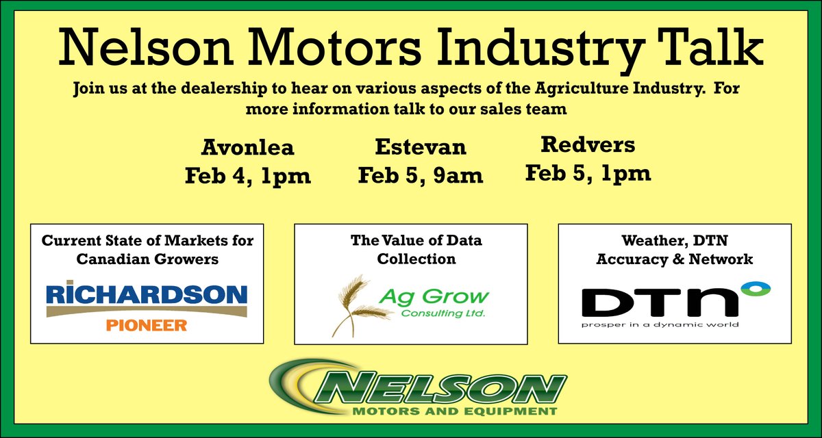 NelsonMotors's tweet photo. Don't forget to stop in next week and here from some great speakers at our Industry Talks.  They will be covering Markets, Data and Weather.  Hope to see you there https://t.co/L0BiBrIbeo