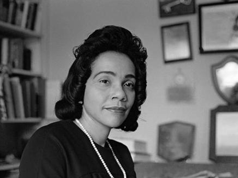 A black and white photo of Coretta Scott King