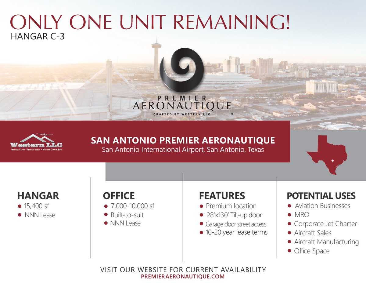 WesternLLC's tweet photo. Construction on the new corporate aerospace campus at San Antonio Premier AeroNautique is currently underway with only 1️⃣ unit available for lease! Occupy your new facility by mid-Feb.

Contact:
Michael Bergfield
(720) 924-9868
mbergfield@westernllc.net
https://t.co/xG85aTIKfg https://t.co/3wES3oizrQ