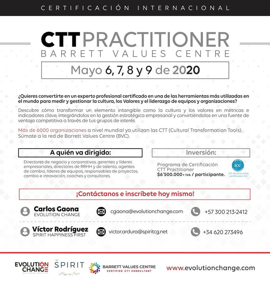 evolutionchang's tweet photo. De nuevo en Colombia y Latinoamérica el programa "CTT Practitioner". Certificación Internacional en Cultura Corporativa y Transformación Organizacional.
#cultura #culture #valores #barrettvaluescentre #liderazgo #leadership #transformacioncultural #EvolutionChange #Bogota #ICC https://t.co/svZRGPkDoP