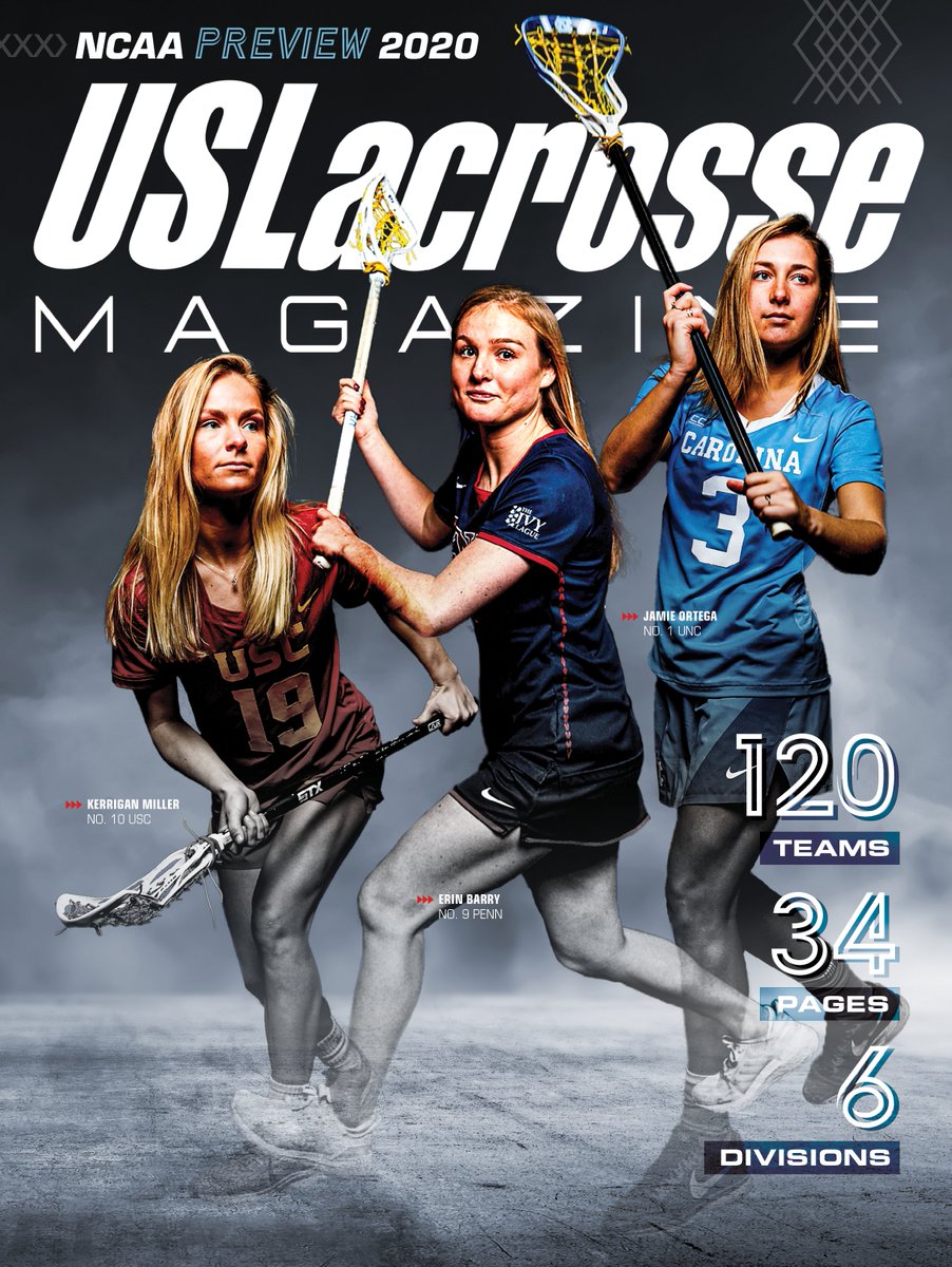USALMag's tweet photo. Hitting homes TODAY ... it's the February 2020 edition of US Lacrosse Magazine featuring USC's Kerrigan Miller, Penn's Erin Barry and North Carolina's Jamie Ortega.

120 teams. 34 pages. 6 divisions. It's the NCAA Preview. https://t.co/I0RERwugXO