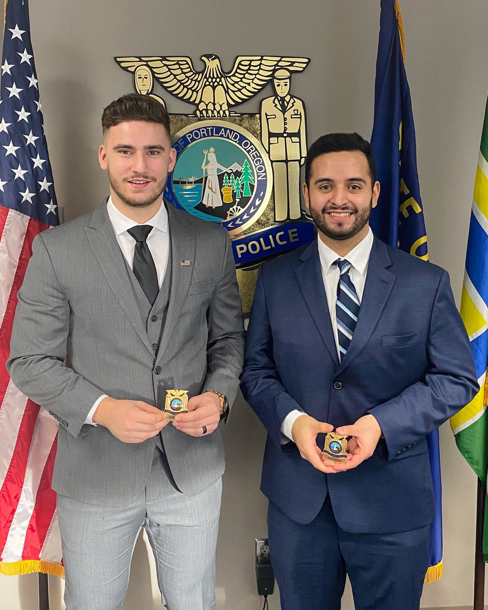 PPBCadets's tweet photo. Two former PPB Cadets were sworn in this morning as Portland Police Officers.  Congratulations Ofc. Precup and Ofc. Giron.  Good luck at basic academy! #ppbcadets https://t.co/73ngKf45eC