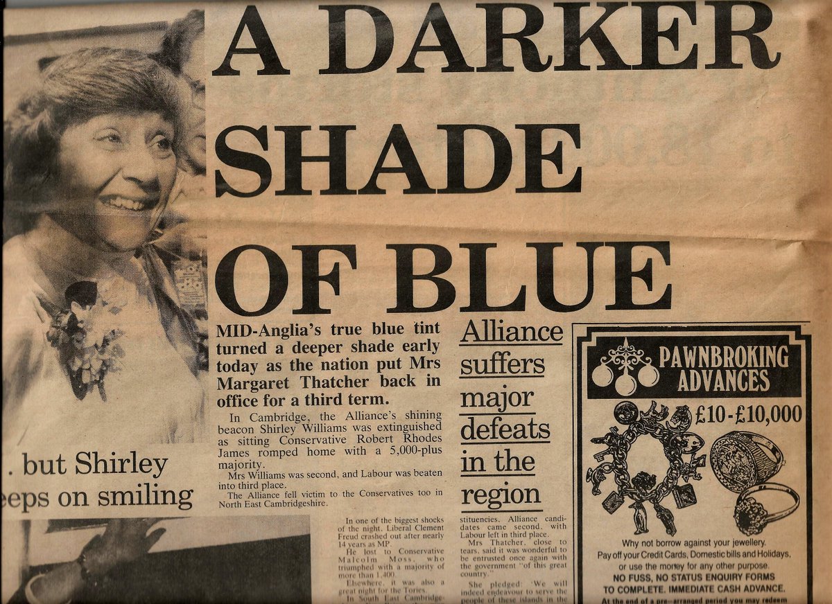 AllanBrigham's tweet photo. An old headline: Reminders:1:Thatcher won 3 elections.  2:Labour later won 3 elections. 3:Centre party with dream local cadidate failed locally. 4:Odds are against 3rd parties. 5:Tories now disapeared from Cambridge. 6:Libdems naive not to make PR conditional on coalition. https://t.co/gWnzphLNF5