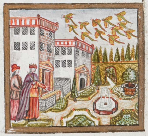 the locusts are in the sky above a fine garden, the people are concerned, the locusts are quite large