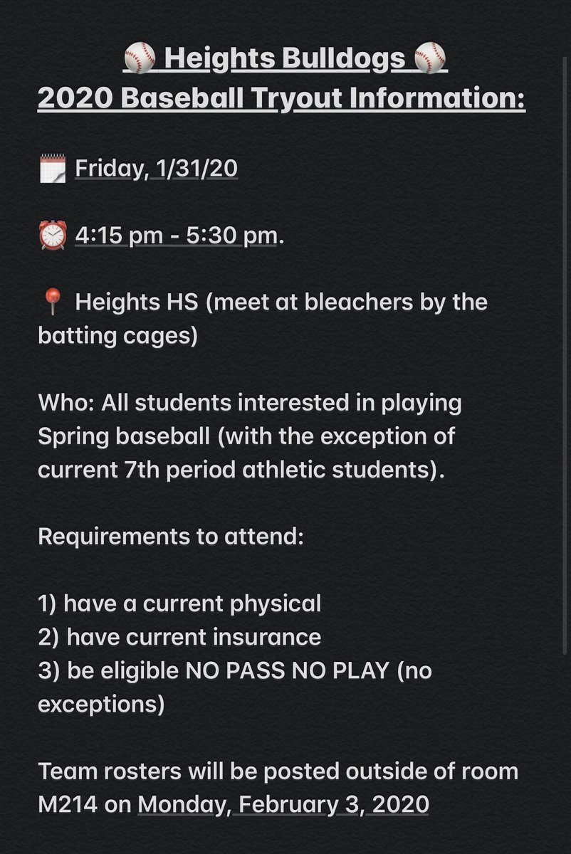 BulldogsBaseba1's tweet photo. 💥💥Reminder💥💥

Tryouts tomorrow full info below

Parents be aware if your son is selected for a team we will have a parent meeting for ALL players (JV &amp; Varsity) Wed., February 5 @ 6pm in the HHS teaching theater. 

Good luck to all!

@ghostofHHS @Heights_PTO @CoachDixon_63 https://t.co/pTjJTVG5pN