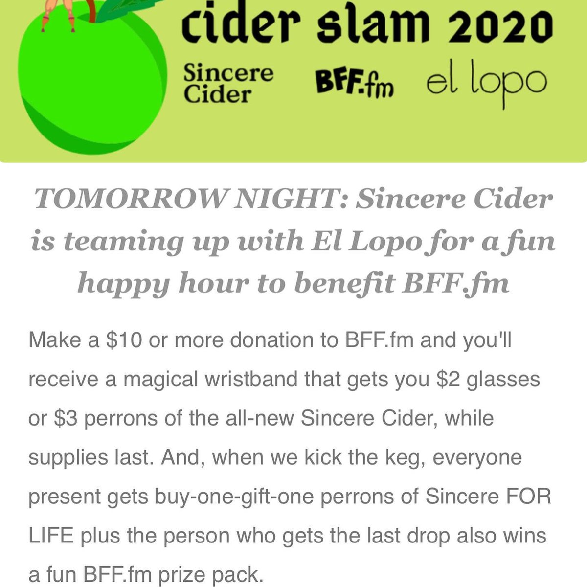 Metro_Matt's tweet photo. Come hang with the @BFFdotFM crew at El Lopo on Polk St. tonight and help us raise some funds at Bay Area Cider Week with @sincerecider. I’ll be DJ’ing with @benward 6-9p! Deets: https://t.co/00glkOZiZw #bayareaciderweek https://t.co/xyWCrJ5aUy