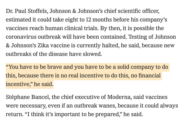  https://www.nytimes.com/2020/01/28/health/coronavirus-vaccine.htmlWe can't ask folks to bankrupt themselves for an uncertain outcome. We should at least defray their costs. And celebrate the inventors, like Jonas Salk.It's like conscription. The public may well need vaccine development, but need to at least pay for it