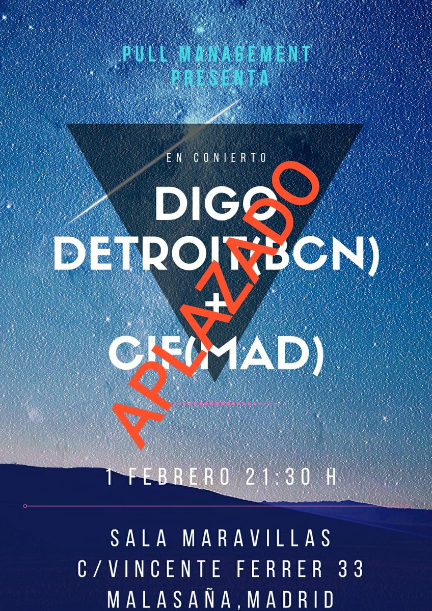 Lamentamos comunicar que el concierto de Digo Detroit + CIF, previsto para este sábado 1 de febrero, ha tenido que ser cancelado por motivos de salud.

Le deseamos una pronta recuperación a la persona afectada y esperamos contar con ellos pronto en nuestro escenario.