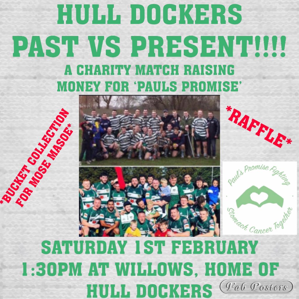 THE BIG MATCH, THIS SATURDAY 1ST FEB AT WILLOWS!! Ex Dockers players vs current first team. This is a match to raise money for #PaulsPromise 
Details and just giving link below. 
#JustGiving Crowdfunding Page: justgiving.com/crowdfunding/p…
RT <a href="/hulllivesport/">Hull Live Sport 🔶◼️♦️</a>