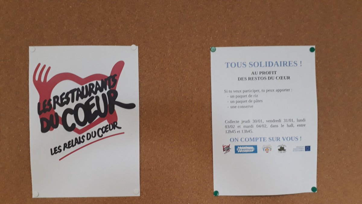 FeuilladeLa's tweet photo. Solidarity day

#erasmusplus 
#euroentornos

Le collège fait une collecte au profit des Restos du Coeur. 
Pour participer : riz, pâtes ou conserves (dépôt les 30-31 janvier et 3-4 février) https://t.co/EjVwirVFxu