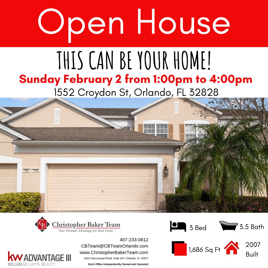 cbteamorlando's tweet photo. 🗣🏠 OPEN HOUSE 🏠🗣
📅 Sunday, February 2
⏰ 1:00pm to 4:00pm
📍 1552 Croydon St, Orlando, FL 32828
🛏 3 Bedrooms 🛁 3.5 Bathrooms

BEAUTIFUL TOWNHOME IN MAN-GUARDED SPRING ISLE GATED COMMUNITY.
ℹ️ For more info: https://t.co/MimJd5X950 https://t.co/ZYKNo5WhNL
