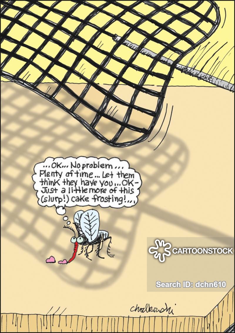 Cartoon of a fly or mosquito nibbling a drop of cake frosting when he sees a fly swatter headed his way. Nonetheless, he knows he has time for another slurp of the sweet treat and still have time to escape.