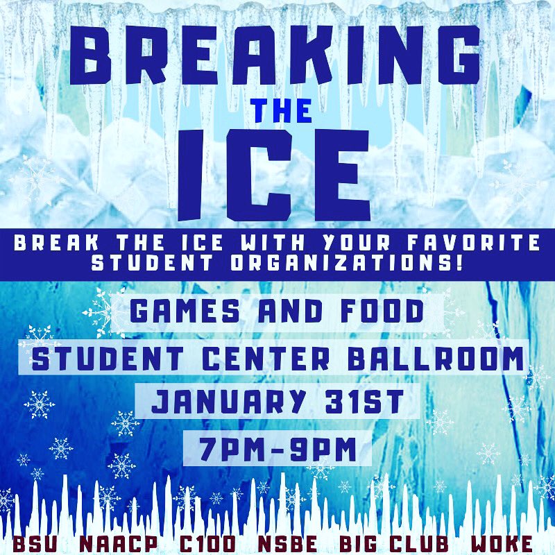 Come see what BSU has cooking up! Join your favorite orgs tomorrow as we Break the Ice of the new semester.