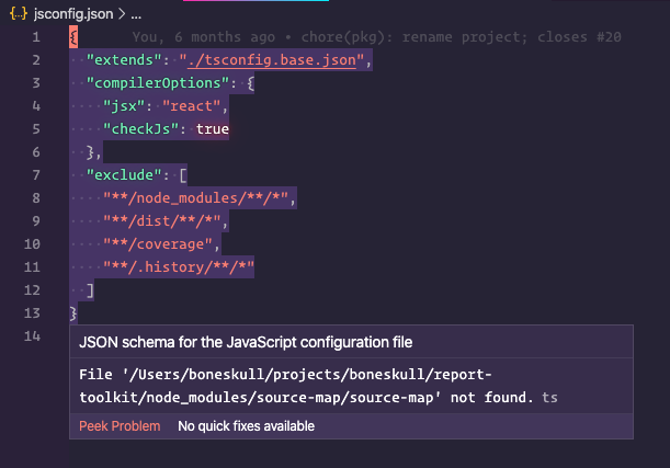 screenshot of weird jsconfig.json error