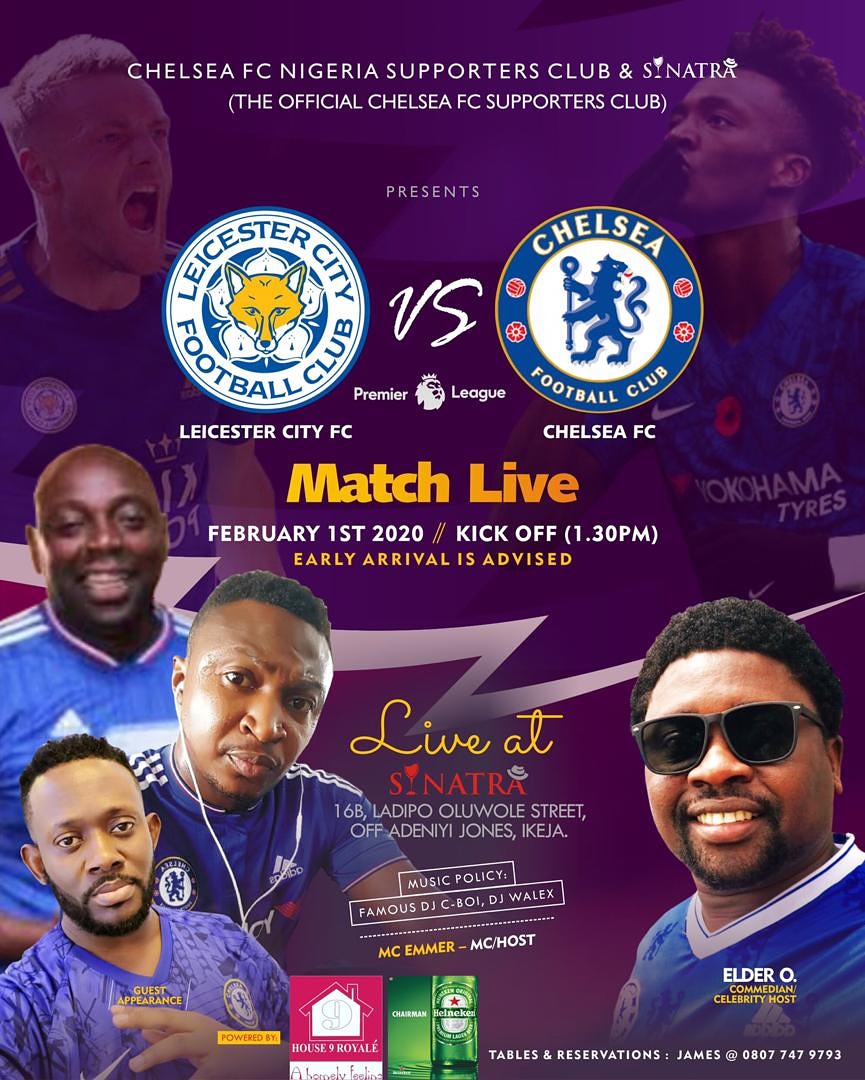 9Royale's tweet photo. Hello football fans!

We invite every football lovers to a live showing of the clash of the blues! @sinatra_place with support from members of the official Chelsea Nigeria Supporter's Club @Chelsea_NGR @Chelsea4Pidgin  @house9hotels and @Heineken_NG
Call: 08077479793 https://t.co/fcHHIoQtb6