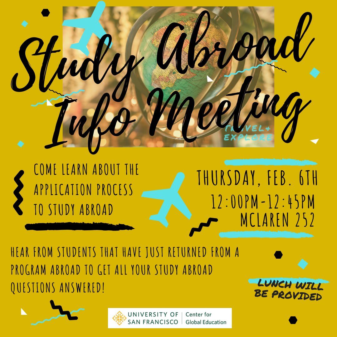 USF_Abroad's tweet photo. Hello Dons!!
We are having our annual 🌎 Study Abroad Info Meeting 🌍on February 6th from noon - 12:45pm in McLaren 252.

Come to learn about our programs abroad, how to apply, and hear from students who have been abroad about their trip and experiences. ✈️ https://t.co/VEOwDoyoJi