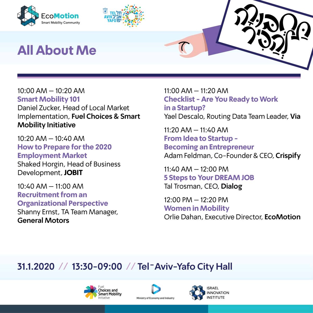 Come tomorrow to hear about exciting open positions in smart mobilty and listen to great lectures. I'll be talking about getting from idea to startup at 11:20 on the 1st floor. 

RSVP: eventbrite.com/e/smart-mobili…