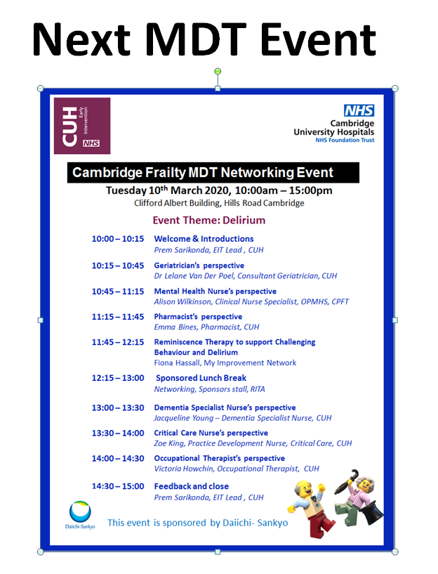 Our next Cambridge #frailty MDT working event is on 10.03.2020 and has a variety of interesting talks. Invites still available using this link: eventbrite.co.uk/e/cambridge-fr… <a href="/DaiichiSankyoUK/">Daiichi Sankyo UK</a> #CUHproud