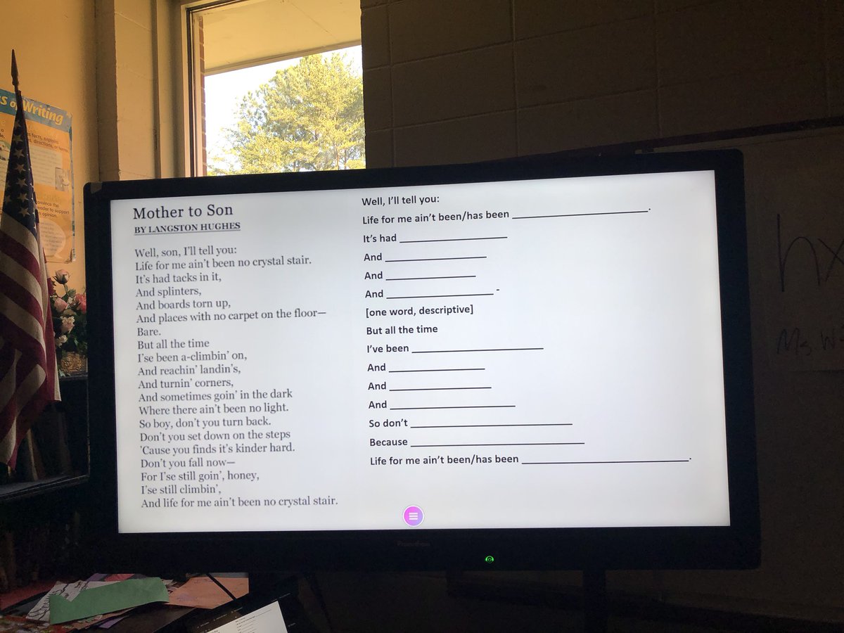CBGBuchanan's tweet photo. Students in Ms. Waldinger’s class @MinorMiddle are analyzing Langston Hughes’s “Mother to Son” and writing their own poem following Hughes’s formula. This activity is a great exercise in modeling that also builds relationships. #readwritetalkdo @JEFCOED https://t.co/vqqKrOm0UB
