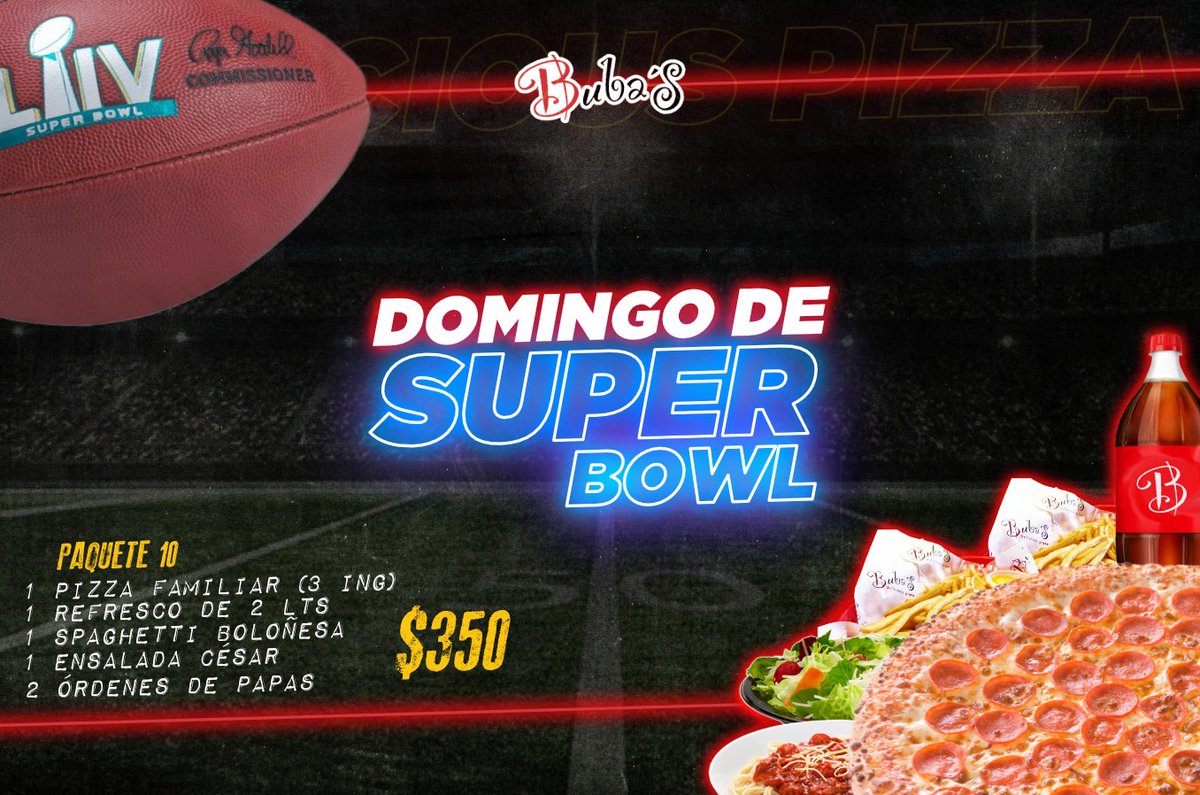 BubasPizza's tweet photo. 🏈 ¡En 🅱️uba's ya nos estamos preparando para el #SuperBowl! 🏈

🔴 Calzada de GLP #1290 📞 8390544  
🔴 Galeana #433, Centro 📞 1680302  
🔴 Hernán Cortés #2054 📞 1519373  
🔴 Carranza #2395 📞 8110455  
🔴 Plaza Tangamanga  
🔴 Plaza El Dorado https://t.co/dx5woMYODx