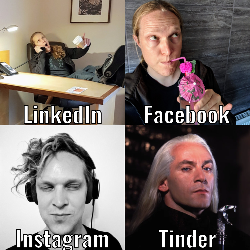 Profile images for LinkedIn, Facebook, Instagram, and Tinder
