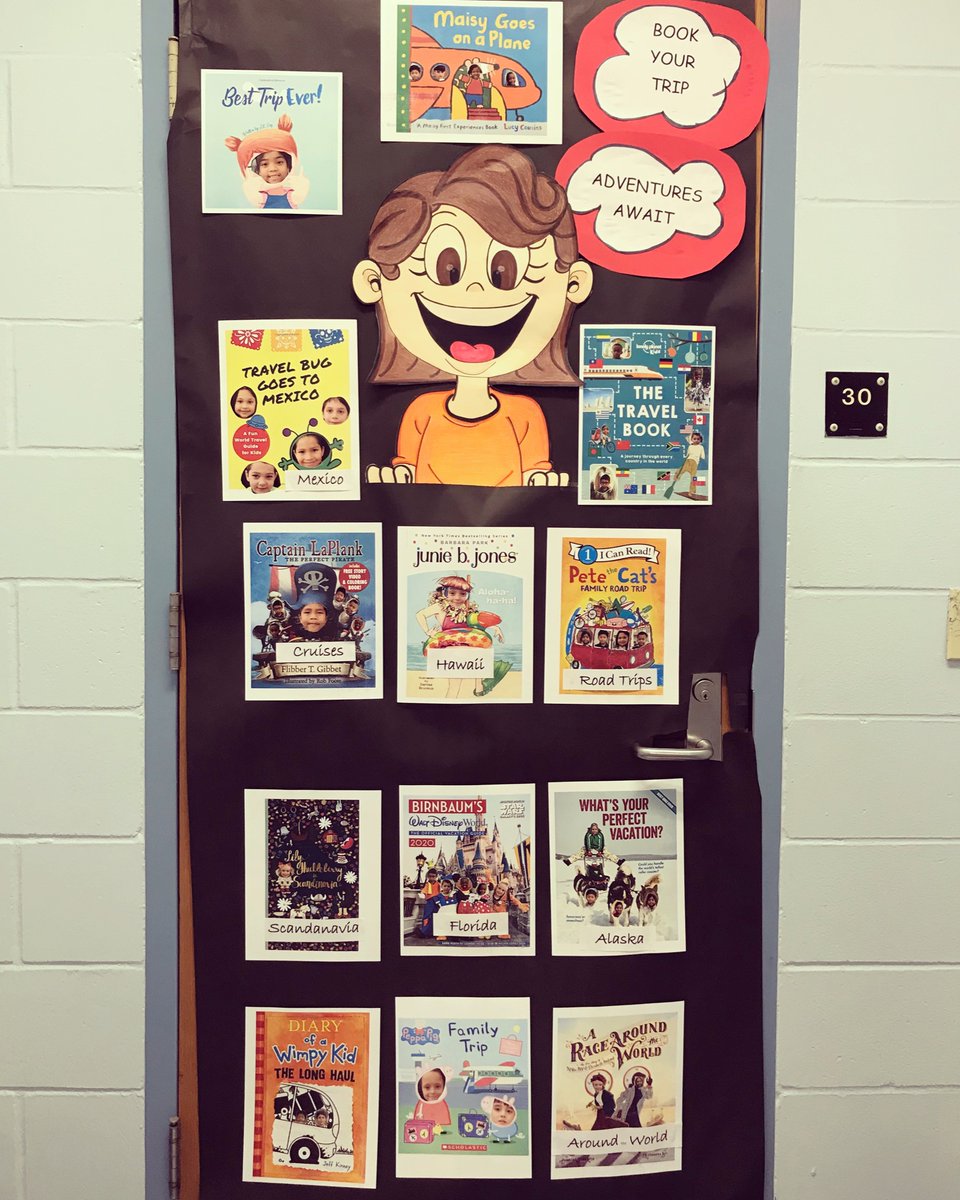 Student photos featured on a classroom door decorated for Literacy Week! 🧳 📖#literacyweek #DCPSreads #booksbeloved #duvalrising #teamduval #GetCaughtReading #FLedu #CLW2020 #flcelebratesliteracy