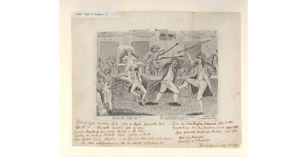 CapitolHistory's tweet photo. Today in 1798 confrontation between Reps. Roger Griswold &amp; Matthew Lyon included Griswold calling Lyon a coward; Lyon spit tobacco juice in Griwold's eye. When the House didn't expel Lyon, Griswold attacked him on the House floor (PC: 1798 etching, Collection of US House). #OTD https://t.co/gWpozzPiM8
