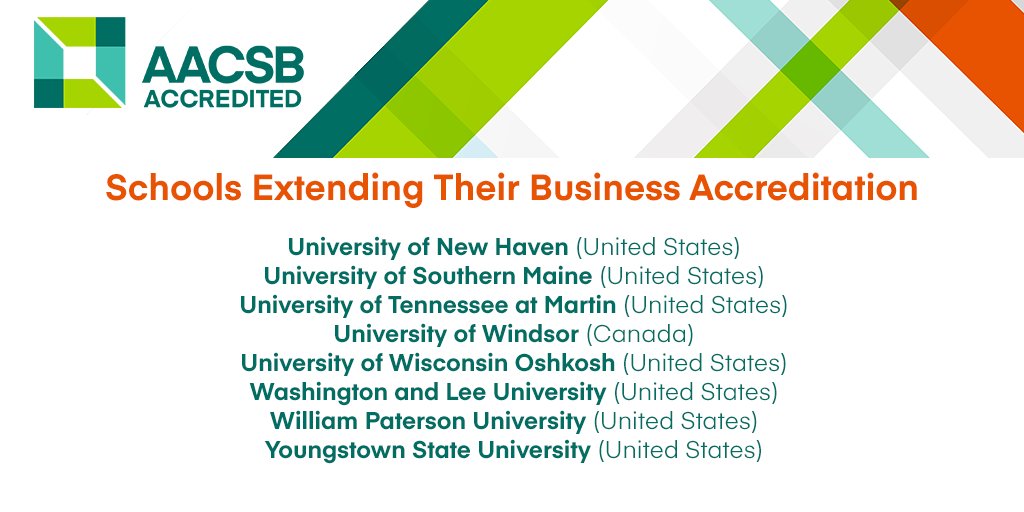 <a href="/aim_edu/">Asian Institute of Management</a> <a href="/CSUNNazarian/">Nazarian College</a> <a href="/teppercmu/">Tepper CMU</a> <a href="/LuterSchoolCNU/">Luter School CNU</a> <a href="/CityUHongKong/">CityU Hong Kong</a> <a href="/ClarksonUniv/">Clarkson University</a> <a href="/Columbia_Biz/">Columbia Business School</a> <a href="/DaltonStateWSoB/">Wright School of Business</a> <a href="/EMLYON/">emlyon business school</a> <a href="/ChulalongkornU/">Chulalongkorn U.</a> <a href="/fsaulaval/">FSA ULaval</a> <a href="/FGV_EAESP/">FGV EAESP</a> <a href="/IC_Business/">IC Business Consulting</a> <a href="/ManhattanEdu/">Manhattan University</a> <a href="/MercerBusiness/">Mercer Business</a> <a href="/msubillings/">MSU Billings</a> @BizFeliciano <a href="/QUCBE/">كلية الإدارة والاقتصاد</a> <a href="/SeattlePacific/">Seattle Pacific University</a> @SeaverAdmission <a href="/SCSTATE1896/">SC State University</a> <a href="/SE1909/">Southeastern Oklahoma State University</a> <a href="/RankinSau/">Rankin College of Business @ SAU</a> <a href="/StBonaventure/">St. Bonaventure U</a> <a href="/AuckUniBusiness/">University of Auckland Business School</a> <a href="/kenanflagler/">UNC Kenan-Flagler</a> <a href="/UB_Business/">UBA berte</a> @LeedsUniBSchool <a href="/MBSUMaine/">Maine Business School</a> <a href="/UMNDuluth/">UMN Duluth</a> <a href="/UNewHaven/">University of New Haven</a> Today we congratulation 48 institutions for extending their <a href="/AACSB/">AACSB</a> accreditation in business. Once accreditation is achieved, each institution participates in a 5-year continuous improvement peer-review to maintain their high quality.

🔗aacsb.biz/2uKTxCg