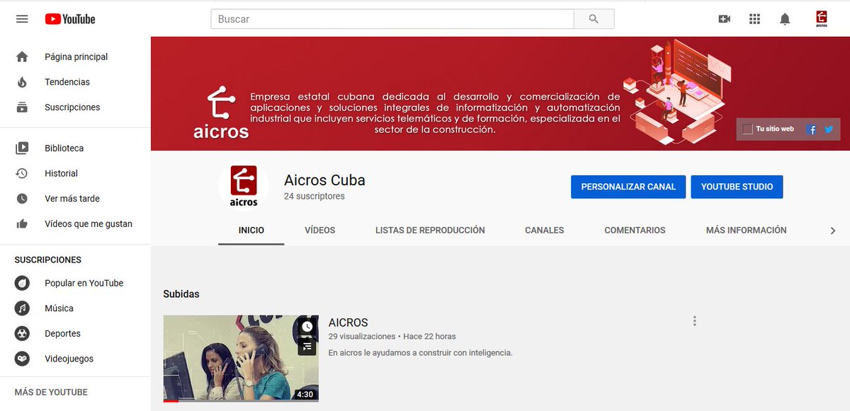 Ya #aicros tiene creado su canal en la red social YouTube con el nombre “Aicros Cuba”. No pierda la oportunidad de visitarlo y suscribirse, recuerde que en aicros lo ayudamos a Construir con Inteligencia.
bit.ly/2UkuxN1