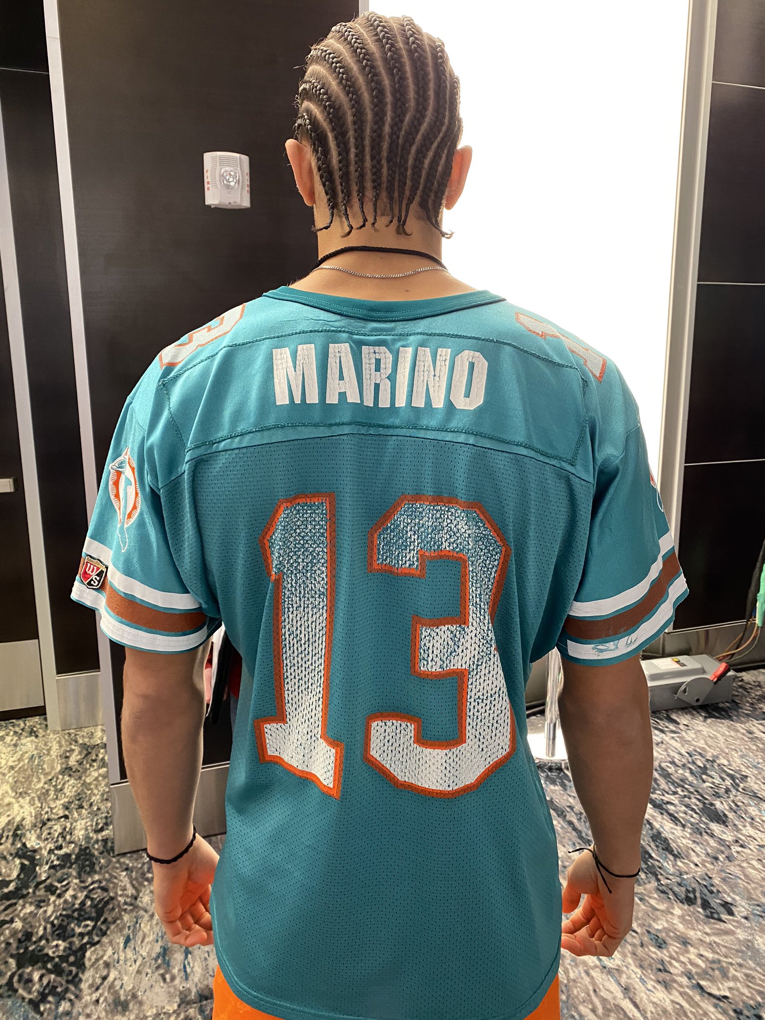 Darren Rovell on X: 'Best Super Bowl radio row garb today goes to  @mackhollins, who picked up this Wilson made Dan Marino jersey at a vintage  shop.  / X