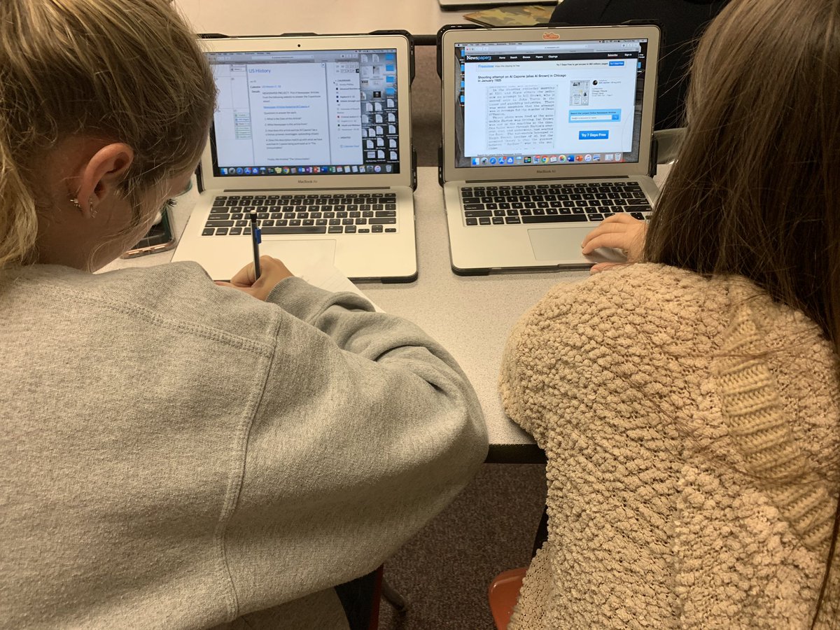 Turner613's tweet photo. Students using primary sources from 1920s newspaper articles about Al Capone and prohibition. #TweetThatTechYHS #USHistory https://t.co/QUs3FimIhX