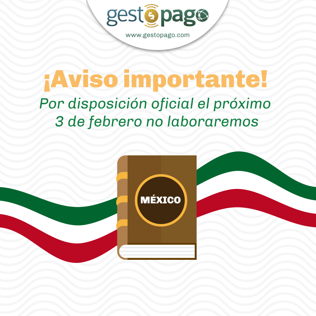 gestopago's tweet photo. Toma tus precauciones y haz tus aclaraciones a la brevedad.

El próximo 3 de febrero no laboraremos por disposición oficial.

Comunícate con nosotros:
Tel.: (55) 90001758
Correo: contacto@gestopago.com https://t.co/P6cYtqOdf1