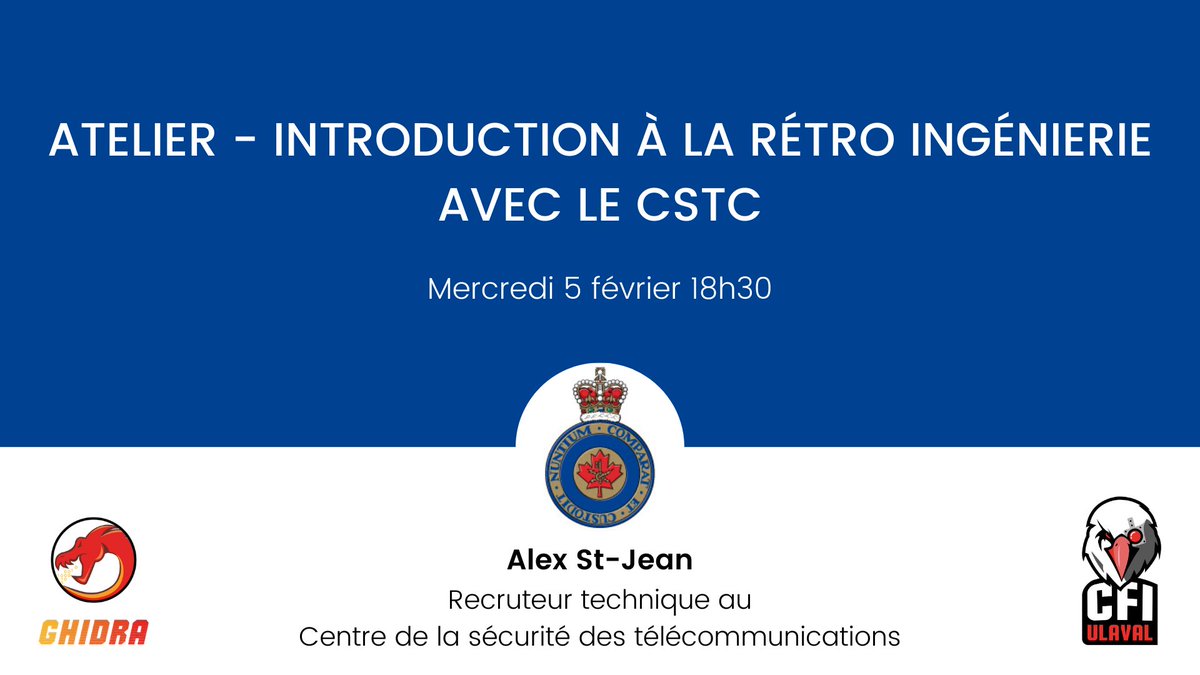 cfiul's tweet photo. Atelier - Introduction à la rétro ingénierie avec le @cse_cst

Viens apprendre les bases de la rétro-ingénierie avec l'outil @ghidra_re.

📆 Mercredi 5 février 18h30
🌐 https://t.co/XopJrWCw1t https://t.co/sdkmbtEv8P