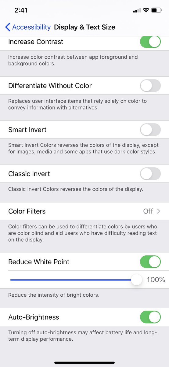 Screenshot of iPhone vision accessibility menu. Reduce white point is turned up to 100%.