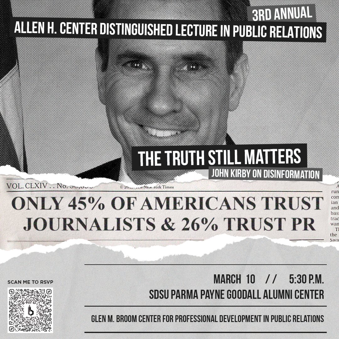 SDSU_JMS's tweet photo. Calling all journalists &amp; PR pros! Come hear @johnfkirby63 on March 10 at 5:30 pm to talk about the problem the entire media industry faces against disinformation.@johnfkirby63 is an on-air CNN analyst and former U.S. State Department spokesman. RSVP today https://t.co/cVA118ztPi https://t.co/qvCOoKvvpH