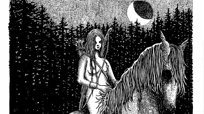 a drawing of the goddess in moonlight, riding on a horse through the forest.