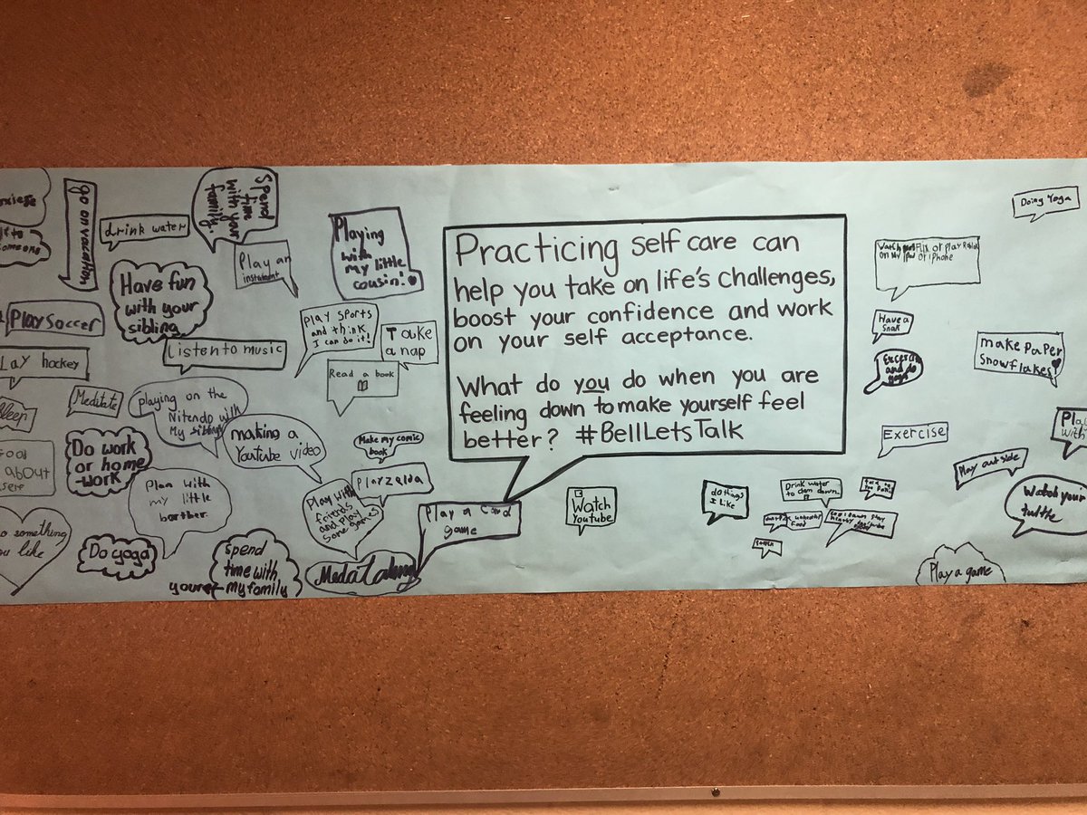 SuperOgden's tweet photo. So many wonderful suggestions for self-care! We’ve posted our “tweets” in the hallway for everyone to read or add their own suggestions. @TDSB_Ogden #MentalHealthMatters #selfcare https://t.co/mbA2j7jSIc