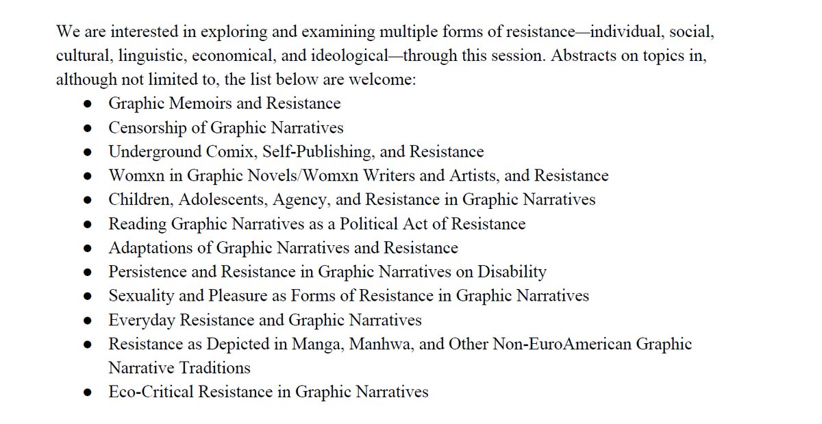 nithya_ss6's tweet image. Sayanti and I are pleased to share with you our CFP for a special session on graphic novels and intersectional resistance for the #MLA2021 conference in Toronto. Please consider submitting your proposals to us and do circulate the CFP. The deadline is March 1, 2020. Thank you!